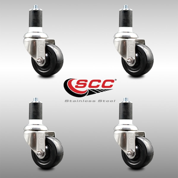 3 Inch 316SS Soft Rubber Wheel Swivel 1-3/4 Inch Expanding Stem Caster Set SCC